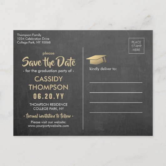 Chalkboard Gold Abschluss Foto Save the Date Postkarte (Rückseite)