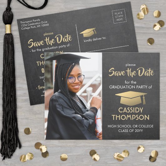 Chalkboard Gold Abschluss Foto Save the Date Postkarte