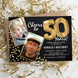 Chalkboard Gold Balloons 2 Foto 50. Geburtstag Einladung
