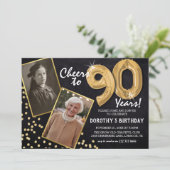 Chalkboard Gold Balloons 2 Foto 90. Geburtstag Einladung (Stehend Vorderseite)