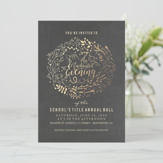 Chalkboard Gold Fossil Blumenstrauch Bouquet Ball Einladung (Stehend Vorderseite)