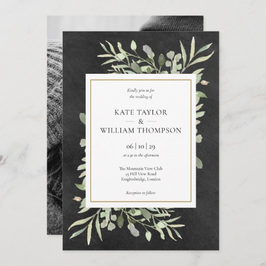 Chalkboard Gold Geometric Greenery Foto Hochzeit Einladung (Vorne/Hinten)