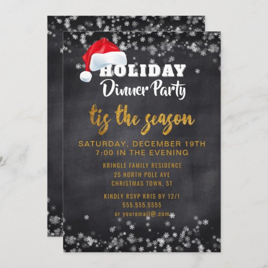 Chalkboard Gold Holiday Dinner Party Einladung (Vorne/Hinten)