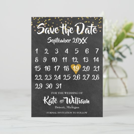 Chalkboard Gold Liebe Herzkalender Save the Date (Stehend Vorderseite)
