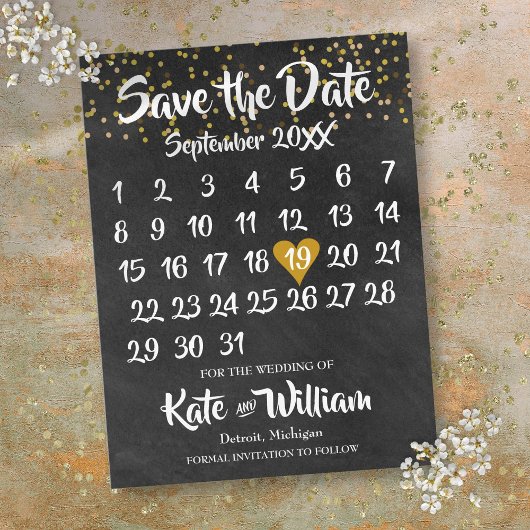 Chalkboard Gold Liebe Herzkalender Save the Date Ankündigungspostkarte