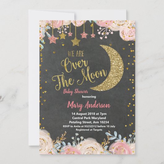 Chalkboard Gold Moon Babydusche für Mädchen Einladung (Vorderseite)
