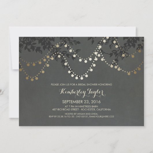 Chalkboard Gold String Lights Brautparty Einladung (Vorderseite)
