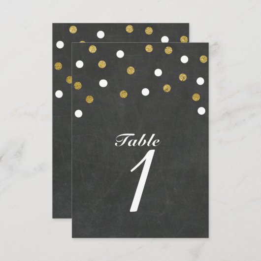 Chalkboard Gold & White Confetti Tischnummer Card (Vorne/Hinten)