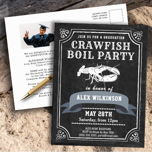 Chalkboard GRAD Foto Crawfish Boil Einladung Postkarte