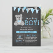 Chalkboard Gray Teddy Bear Boy Baby Dusche Einladung (Stehend Vorderseite)