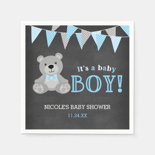 Chalkboard Gray Teddy Bear Boy Baby Dusche Serviette (Vorderseite)
