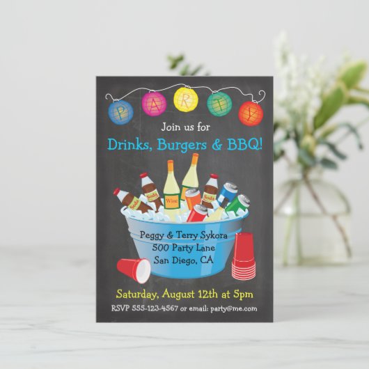 Chalkboard GRILLEN Party Drinks Einladungen (Stehend Vorderseite)