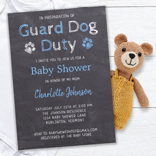 Chalkboard Guard Dog Duty Blue Boy Baby Dusche Einladung