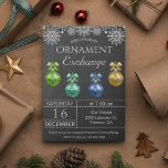 Chalkboard Holiday Ornament Exchange Party einlade Einladung<br><div class="desc">Freuen Sie sich auf diese elegante Party Einladung mit modernen Typografien und schönen Bausteinen vor einem Kalkboard-Hintergrund. Fügen Sie einfach Ihre Veranstaltungsdetails zu dieser einfach zu bedienenden Vorlage hinzu,  um sie zu einer einmaligen Einladung zu machen. Dreh die Karte um ein schönes Punktmuster auf der Kartenrückseite zu zeigen.</div>