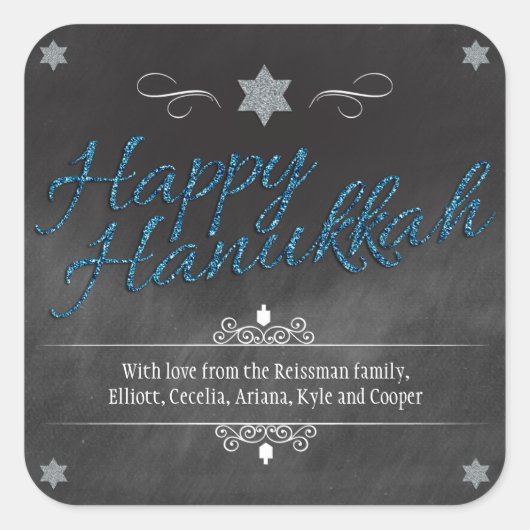 Chalkboard-Imitate BlueGlitter Hanukkah Quadratischer Aufkleber (Vorderseite)
