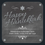 Chalkboard-Imitate Silver Glitzer Hanukkah Quadratischer Aufkleber<br><div class="desc">Ein Chalkboard-Hintergrund zeigt die Worte "Happy Hanukkah", die in einem silbernen Imitat Glitzer-Effekt dargestellt werden. Ein silberner glänzender Star von David punktiert die Spitze des Designs. Dreidels werden als Akzente und kurvige Ornamente hinzugefügt, um Ihre besondere Botschaft zu gestalten. Perfekt, um Ihre Hanukah Feier zu einem, das glänzt! Verwenden Sie...</div>