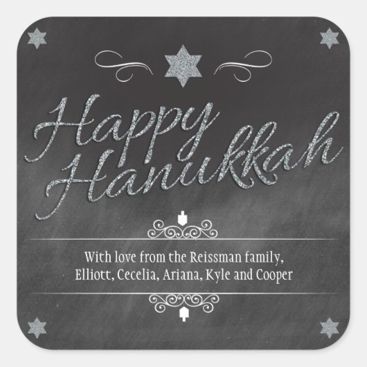 Chalkboard-Imitate Silver Glitzer Hanukkah Quadratischer Aufkleber (Vorderseite)