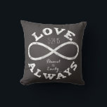 Chalkboard Infinity Liebe Hochzeitstag und Namen Kissen<br><div class="desc">Feiern Sie mit diesem individuell gestaltbaren Kissen die unendliche Liebe zwischen Braut und Bräutigam! Ein weißes Kreidesymbol und "Liebe immer"-Text umschließen die Namen eines Paares und das Hochzeitdatum auf schwarzem Chalkboard-Hintergrund. Es ist ein wunderschönes,  modernes,  personalisiertes Geschenk.</div>