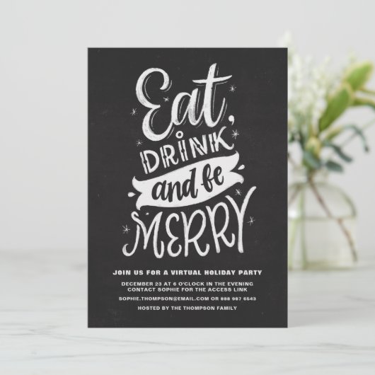 Chalkboard isst Drink und sei froh, virtueller Url Einladung (Stehend Vorderseite)