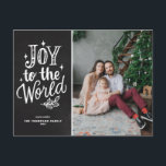 Chalkboard Joy to the World Christmas Carol Foto Feiertagspostkarte<br><div class="desc">Freude an der Welt,  der Herr ist gekommen! Individuell anpassbare Weihnachtspostkarte mit Handschrift,  Glitzern und Blattwerk mit Imitat Chalkboard Hintergrund. Personalisieren Sie diese durch Hinzufügen von Namen,  Fotos,  Adressen und Nachrichten. Senden Sie Weihnachtswünsche und Grüße an Familie und Freunde mit dieser rustikalen Weihnachtspostkarte.</div>