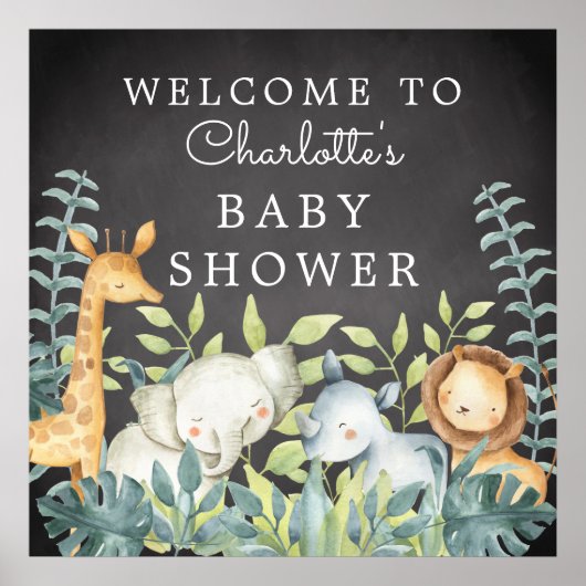 Chalkboard Jungle Animals Baby Dusche Willkommen Poster (Vorne)