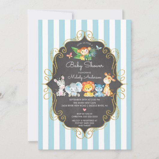 Chalkboard Jungle Animals Boys Baby Dusche Einladung (Vorderseite)