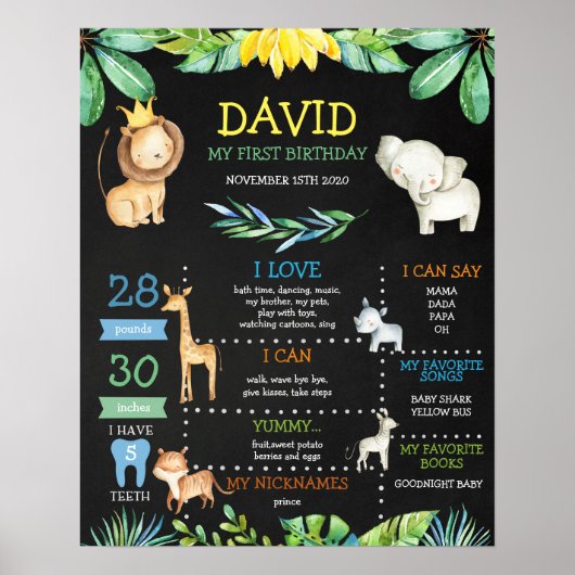 Chalkboard Jungle Safari Erster Geburtstag Meilens Poster (Vorne)