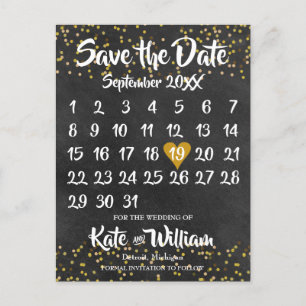 Chalkboard Kalender Save the Date Foto Goldstaub Ankündigungspostkarte