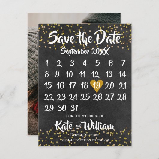 Chalkboard Kalender Save the Date Foto Goldstaub Ankündigungspostkarte (Vorne/Hinten)