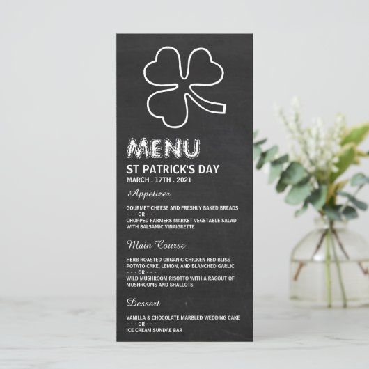 Chalkboard-Kleeblatt, St Patrick's Day Menu Card Menükarte (Stehend Vorderseite)