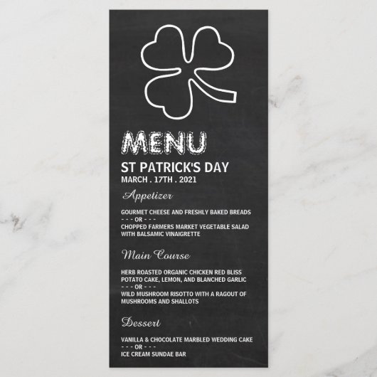 Chalkboard-Kleeblatt, St Patrick's Day Menu Card Menükarte (Vorderseite)