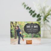 Chalkboard Label-Foto Save the Date Postkarte (Stehend Vorderseite)
