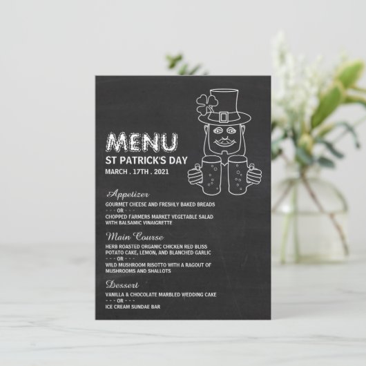 Chalkboard Leprechaun, St Patrick's Day Menu Card Einladung (Stehend Vorderseite)