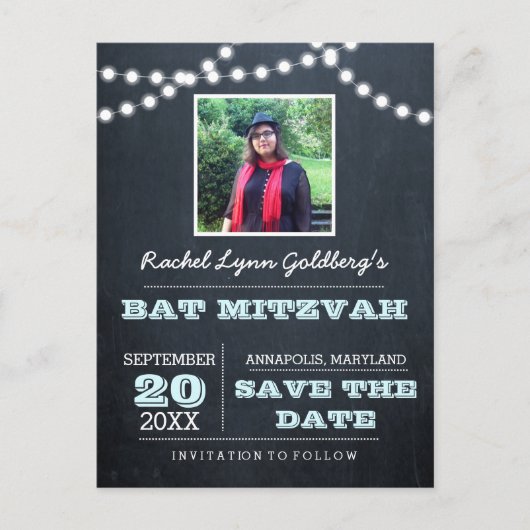 Chalkboard Lights Aqua Bat Mitzvah Foto Rett Datum Ankündigungspostkarte (Vorderseite)