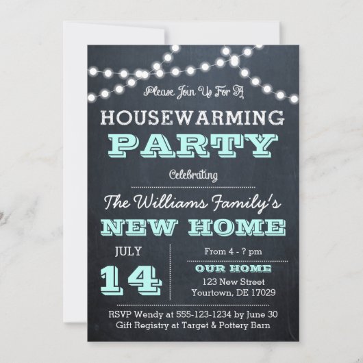 Chalkboard Lights Aqua Housewärming Einladungen