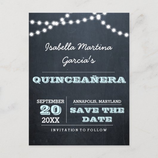 Chalkboard Lights Aqua Quinceañera Save the Date Ankündigungspostkarte (Vorderseite)