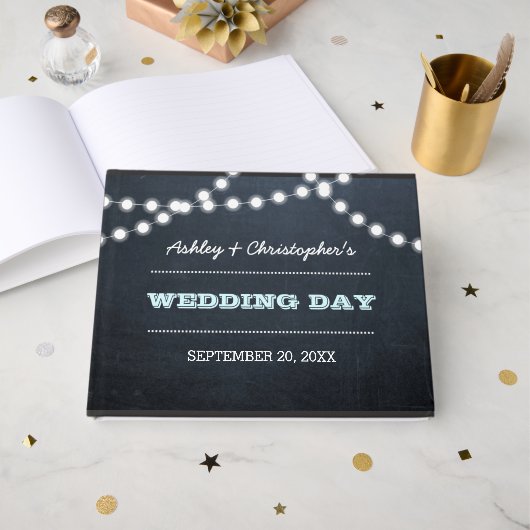 Chalkboard Lights Aqua Wedding Guest Book Gästebuch (Vorderseite Offen)