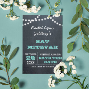 Chalkboard Lights Aquamarin Bat Mitzvah Save the D Ankündigungspostkarte