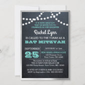 Chalkboard Lights Aquamarin Foil Border Bat Mitzva Einladung (Vorderseite)