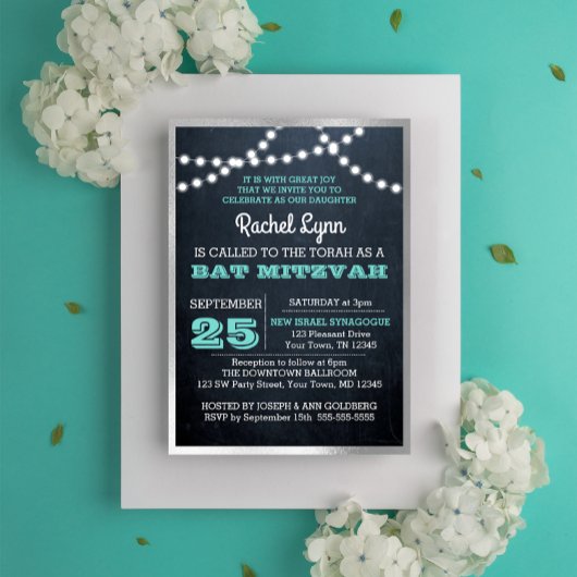 Chalkboard Lights Aquamarin Foil Border Bat Mitzva Einladung