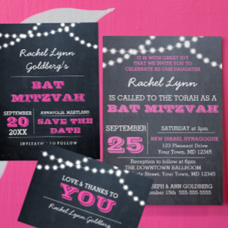 Chalkboard Lights Dark Pink Bat Mitzvah Einladung