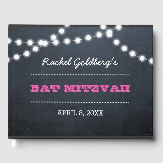 Chalkboard Lights Dark Pink Bat Mitzvah Gästebuch (Vorderseite)