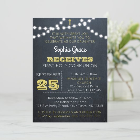 Chalkboard Lights Gold Erstkommunion Einladung (Stehend Vorderseite)