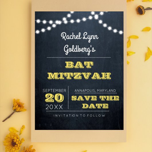 Chalkboard Lights Golden Bat Mitzvah Save the Date Ankündigungspostkarte