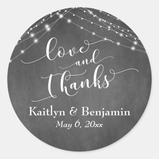 Chalkboard Lights Hochzeit Script-Liebe und Danke Runder Aufkleber (Vorderseite)