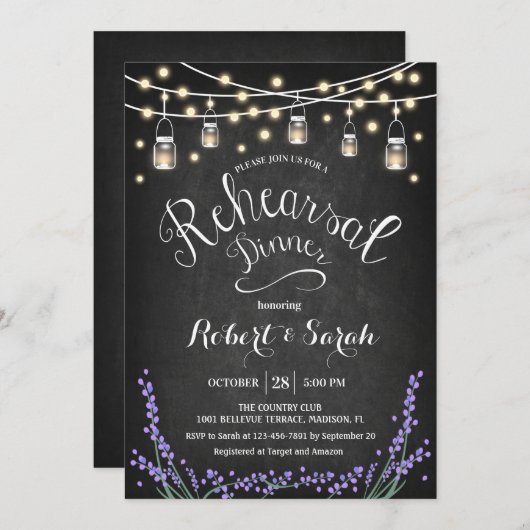 Chalkboard Lights Lavendel Probe Dinner Einladung (Vorne/Hinten)