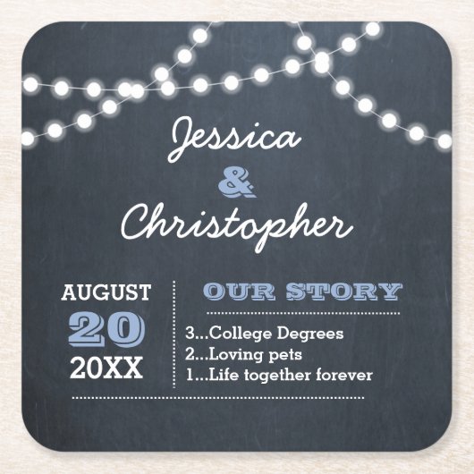 Chalkboard Lights Light Blue Personalisiert Weddin Rechteckiger Pappuntersetzer (Vorderseite)