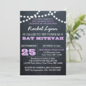 Chalkboard Lights Lilac Bat Mitzvah Einladung (Stehend Vorderseite)