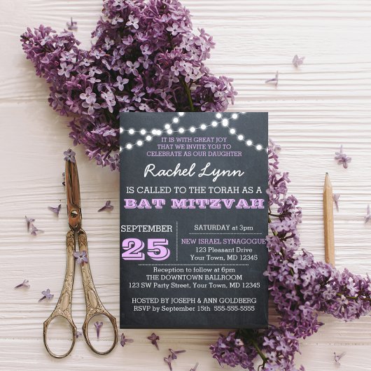 Chalkboard Lights Lilac Bat Mitzvah Einladung