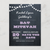 Chalkboard Lights Lilac Bat Mitzvah Save the Date Ankündigungspostkarte (Vorderseite)